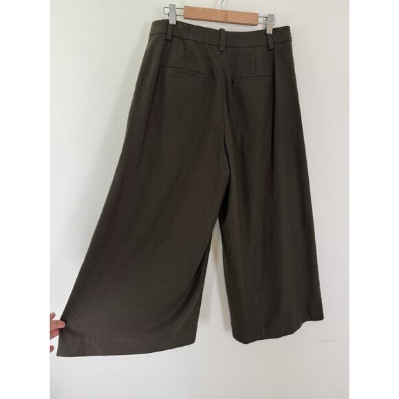 Vince Wool Pants Culottes Crop Wide Leg Pleated Dark Olive Green 8 - Picture 3 of 8